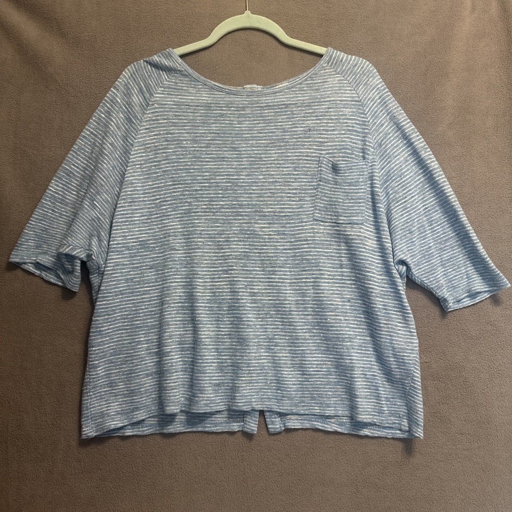 Poetry 100% Linen Slub Top Button Back US 4/6 Blue White Striped Cottagecore
